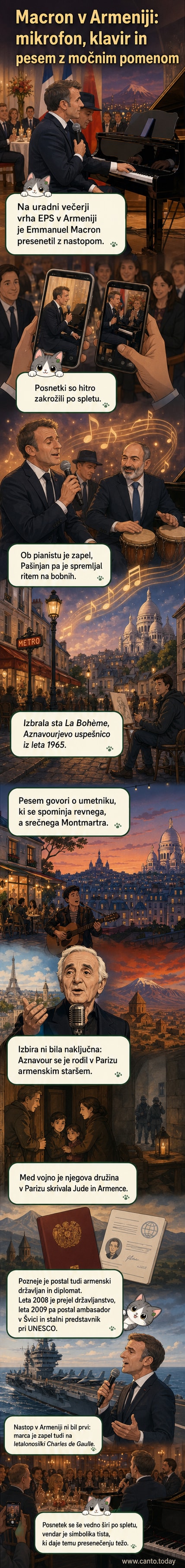 Francoski predsednik Emmanuel Macron peva ob mikrofonu, medtem ko sedi ob pianistu; armenski premier Nikol Pašinjan igralsko udari po bobnih v ozadju.