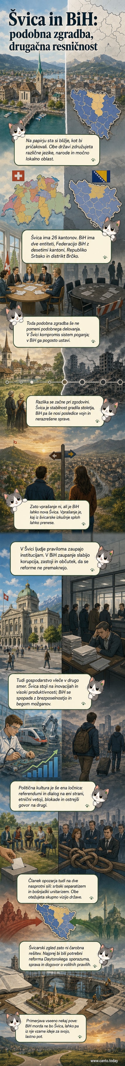 Ilustracija, ki primerja dve državi: eno z zastavami kantonov in visokimi zgradbami, drugo z zastavami entitet in ruševinami, simbolizira razlike v stabilnosti in razvoju med Švico in Bosno in Hercegovino.