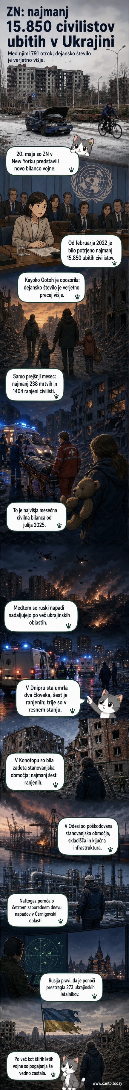 Razdejan ulični kraj v mestu Kostjantinivka, z ruševinami in vojaško opremo v ozadju, simbol vojne v Ukrajini