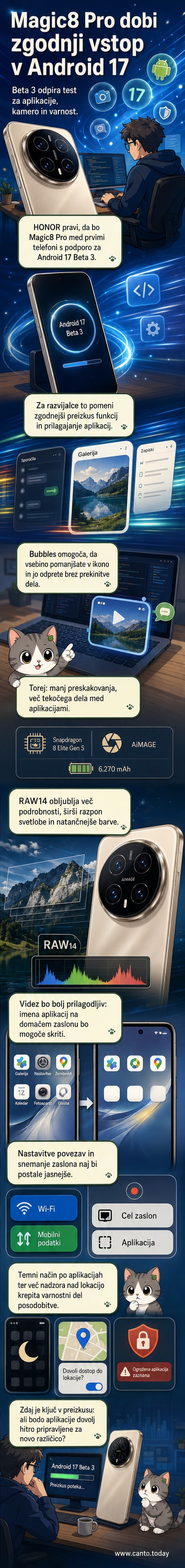 Ilustracija pametnega telefona HONOR Magic8 Pro z zaslonom, ki prikazuje nove funkcije sistema Android 17 Beta 3, kot so prilagodljivi domači zaslon, Bubbles in možnosti snemanja zaslona.