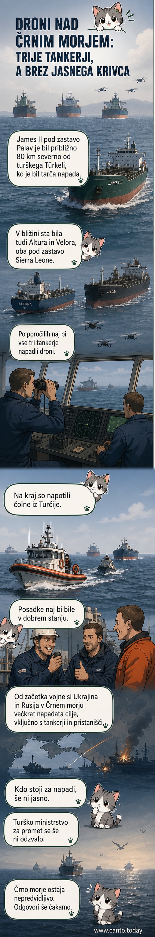 Ilustracija treh tankerjev v Črnem morju, okoli katerih krožijo droni, v ozadju turška obala.