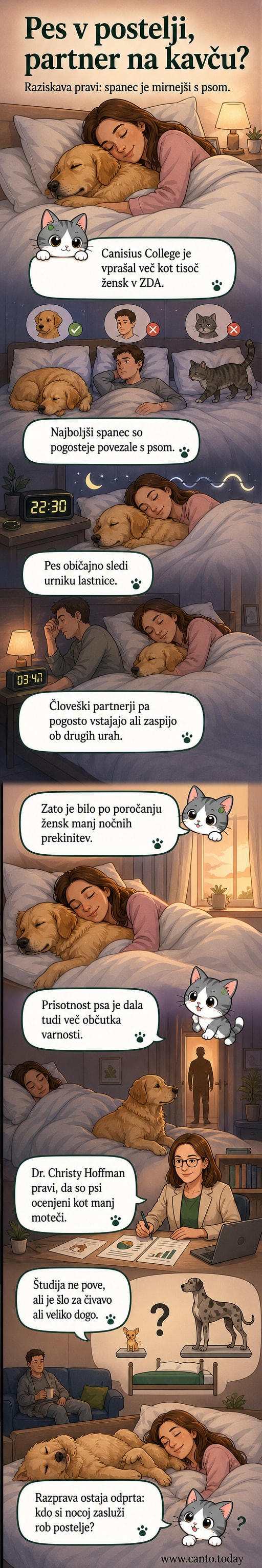 Ženska spi v postelji, poleg nje leži pes, na kavču pa je njen partner – prikaz raziskave o kakovosti spanja.