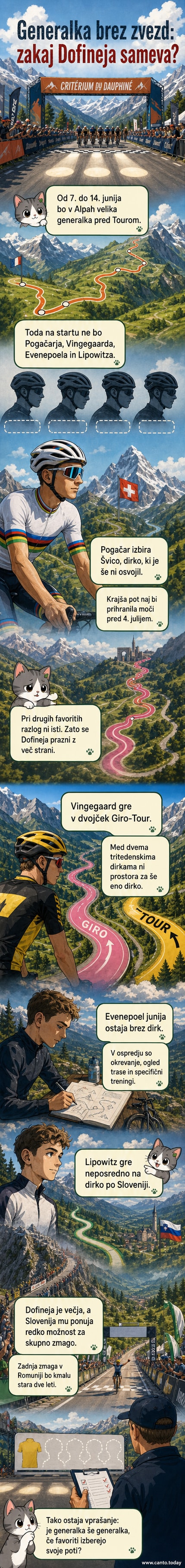 Ilustracija kolesarjev na vzponu po Alpah, z zastopanimi ekipami in praznim mestom za Pogačarjem, Vingegaardom in Evenepoelom.