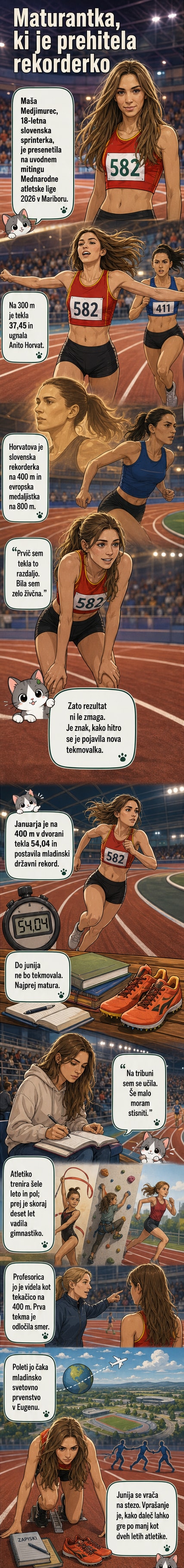 Maša Medjimurec med intervjujem na tribuni, z ozadjem atletskega stadiona v Mariboru.