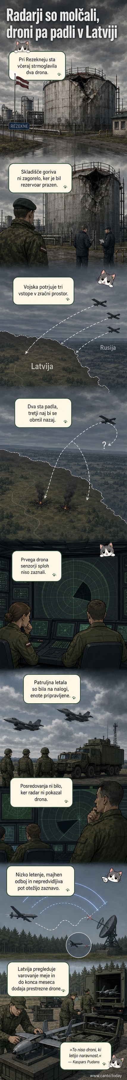 Ilustracija drona, ki strmoglavi v skladišče goriva v Rezni, Latvija, medtem ko so radarji neuspešni.