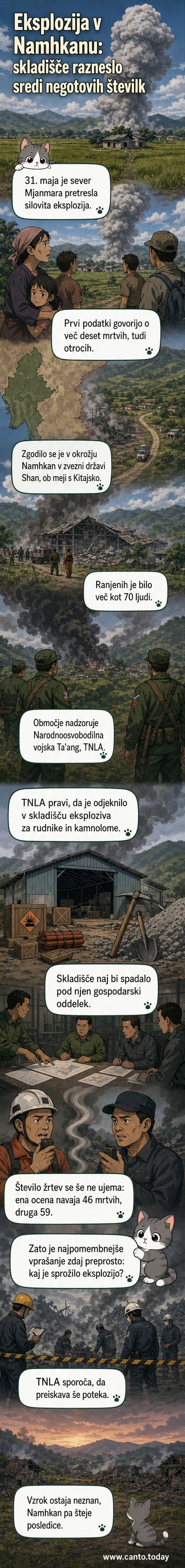 Ruševine po eksploziji v naselju v Mjanmaru, požgane in porušene hiše, ljudje na kraju nesreče.