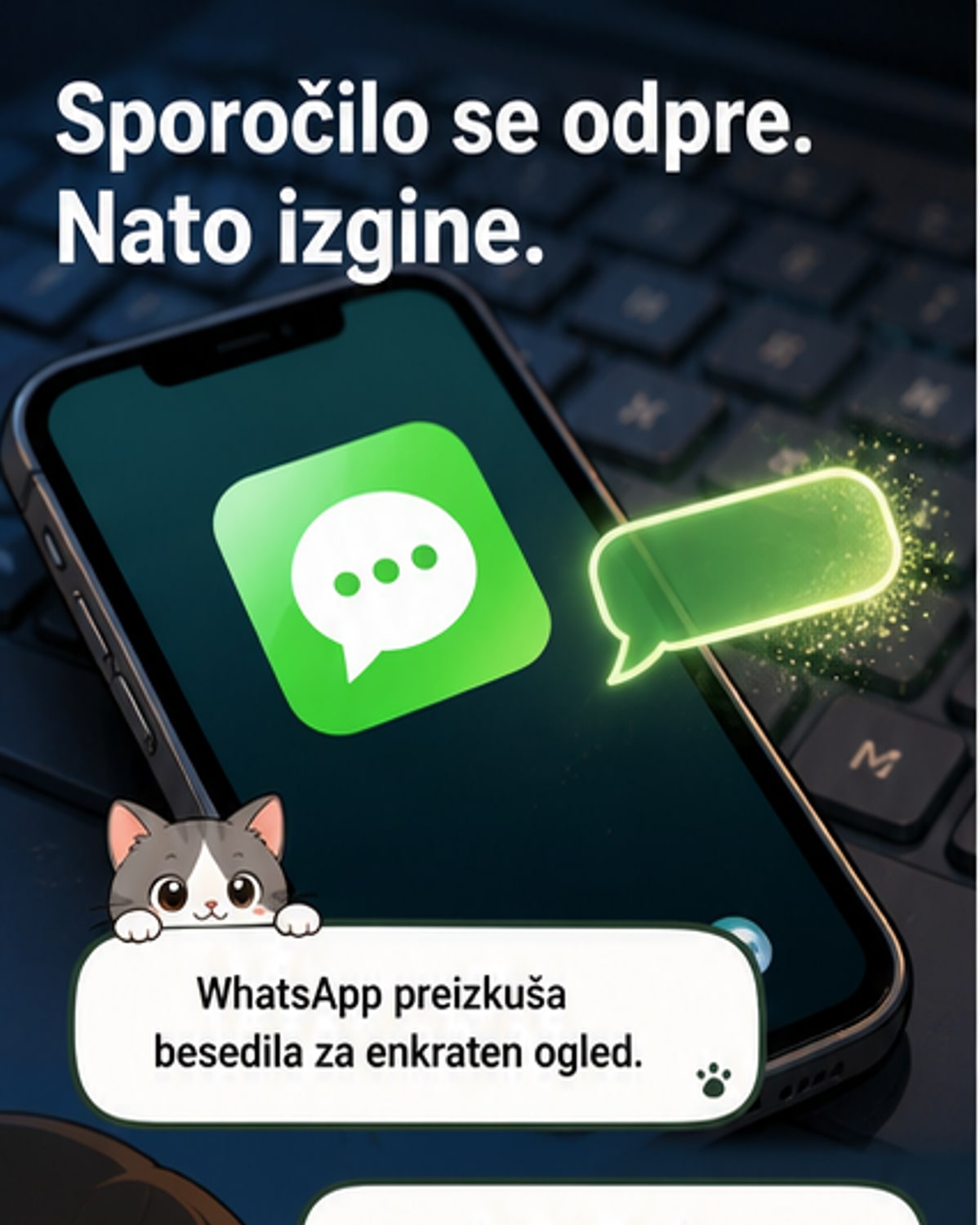Ilustracija: oseba pošilja besedilno sporočilo iz mobilnika, ki se po prebiranju razkraja v prah.