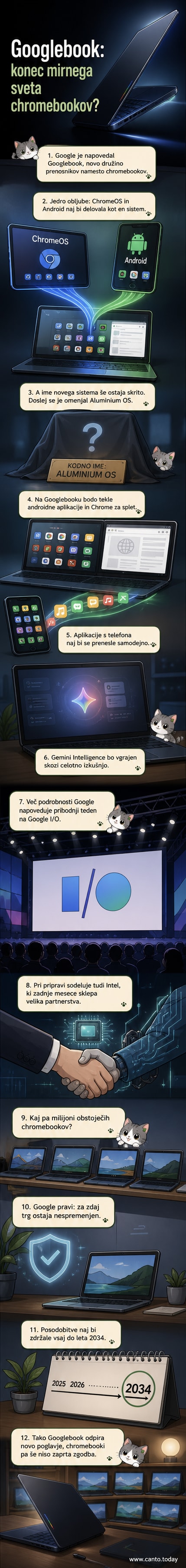 Ilustracija novega Googlebooka s prikazom zaslona, kjer tečejo Android aplikacije in spletni brskalnik Chrome v enotnem okolju.