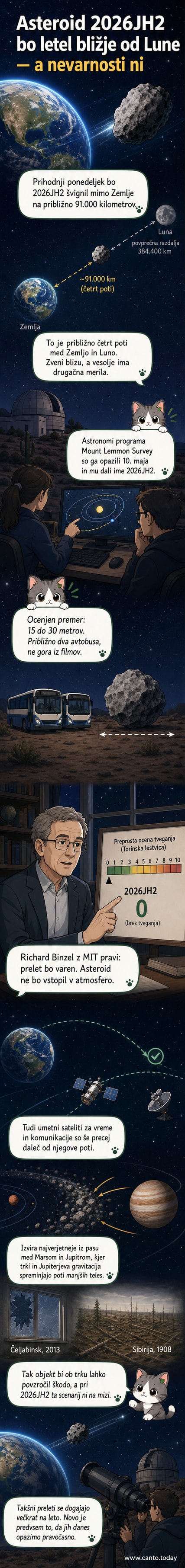 Ilustracija asteroida 2026JH2, ki leti mimo Zemlje na ozadju Lune in vesoljskega prostora