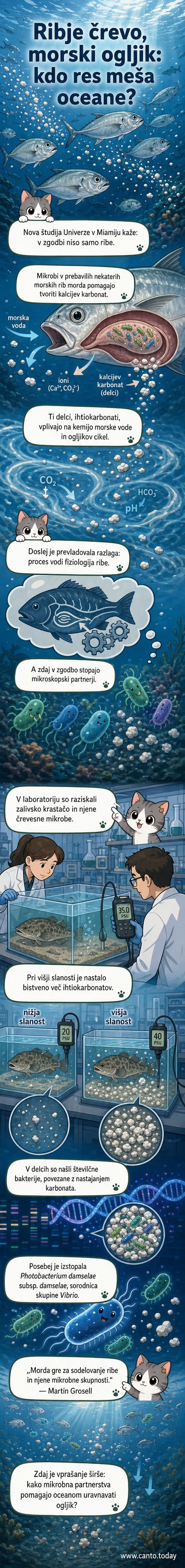 Ilustracija morske ribe z povečanim prikazom črevesja, kjer se prikazujejo bakterije, ki sodelujejo pri tvorbi kalcijevega karbonata.