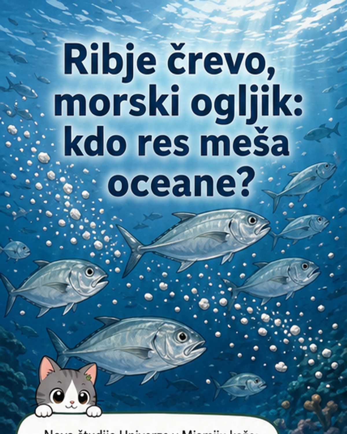Ilustracija morske ribe z povečanim prikazom črevesja, kjer se prikazujejo bakterije, ki sodelujejo pri tvorbi kalcijevega karbonata.