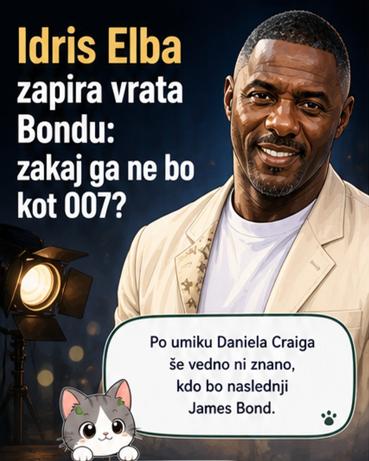 Ilustracija Idrisa Elbe v obleki Jamesa Bonda, ki se odznaža od vloge, s simboli franšize 007 v ozadju.