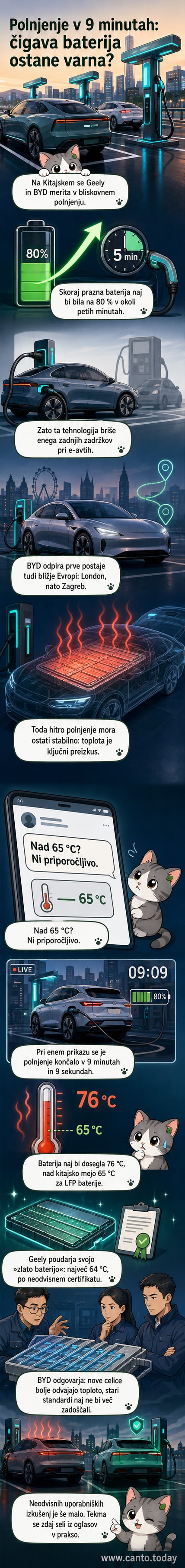 Ilustracija dveh električnih avtomobilov, eden z logotipom Geely, drugi z logotipom BYD, prikazana polnjenja baterij z različnimi temperaturami in hitrostmi.
