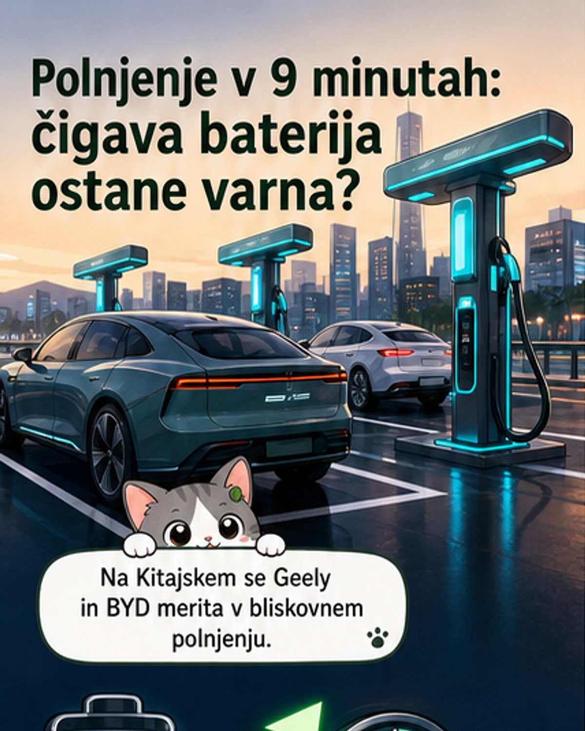 Ilustracija dveh električnih avtomobilov, eden z logotipom Geely, drugi z logotipom BYD, prikazana polnjenja baterij z različnimi temperaturami in hitrostmi.