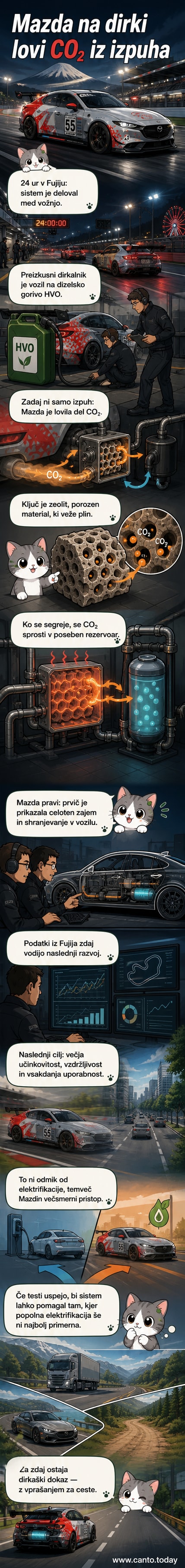 Dirkalnik Mazda s sistemom za zajem CO₂ na dirki v Fujiju, z vizualizacijo notranje strukture adsorpcijske enote na osnovi zeolita