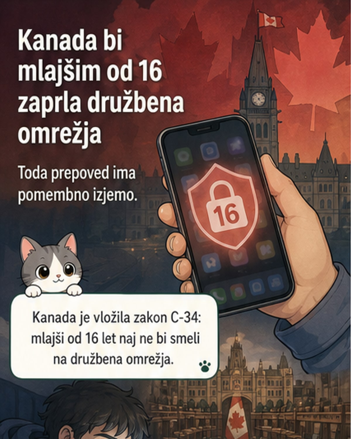 Ilustracija: kanadski parlament, kjer se razpravlja o zakonu, ki bi prepovedal družbena omrežja najmlajšim uporabnikom, s simboli družbenih omrežij in ščitom za varnost otrok.