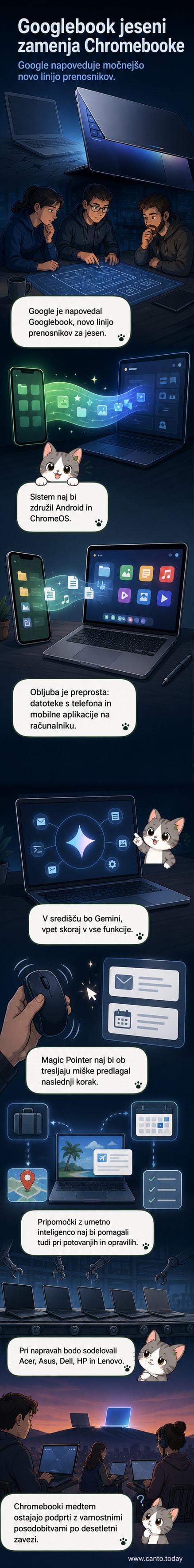 Ilustracija novega Googlebooka – elegantnega prenosnika z zaslonom, na katerem je prikazan vmesnik z integrirano umetno inteligenco Gemini in kazalcem Magic Pointer.