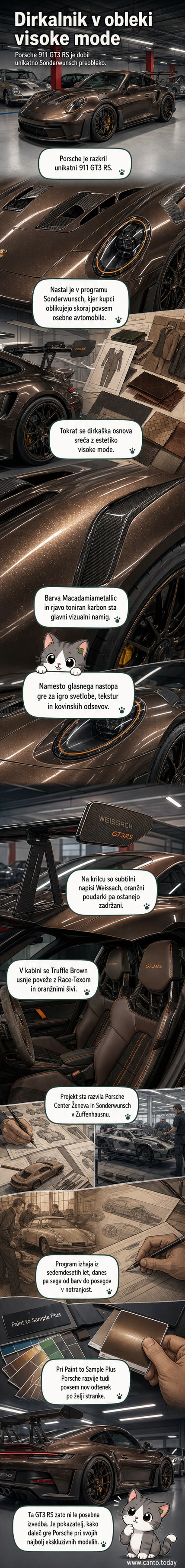 Porsche 911 GT3 RS v edinstveni barvi Macadamia metallic s temno toniranim karbonom in oranžnimi podrobnostmi na zadnjem krilcu ter lučeh.