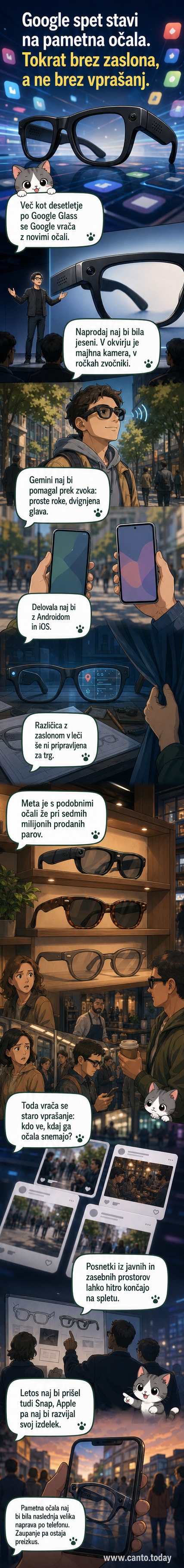 Ilustracija Googlejevih novih pametnih očal z vgrajeno kamerico v okvirju in zvočniki v ročicah, ki uporabniku posredujejo AI-vodene informacije prek zvoka.