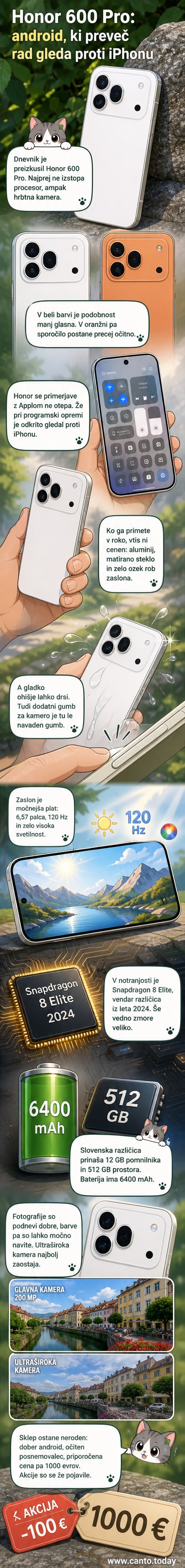 Honor 600 Pro telefon bele in oranžne barve, postavljen poleg iPhonea 17 Pro – opazna podobnost v oblikovanju in zaslonu.