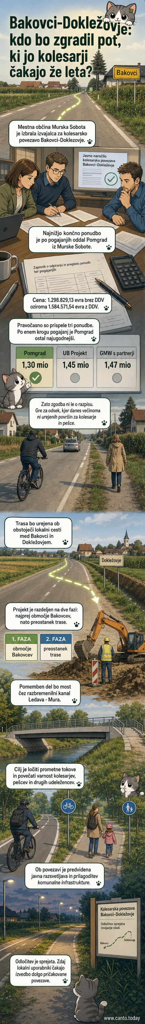 Ilustracija prihodnjega kolesarskega mostu čez kanal z zelenimi površinami in ločenimi stezami za kolesarje ter pešce.