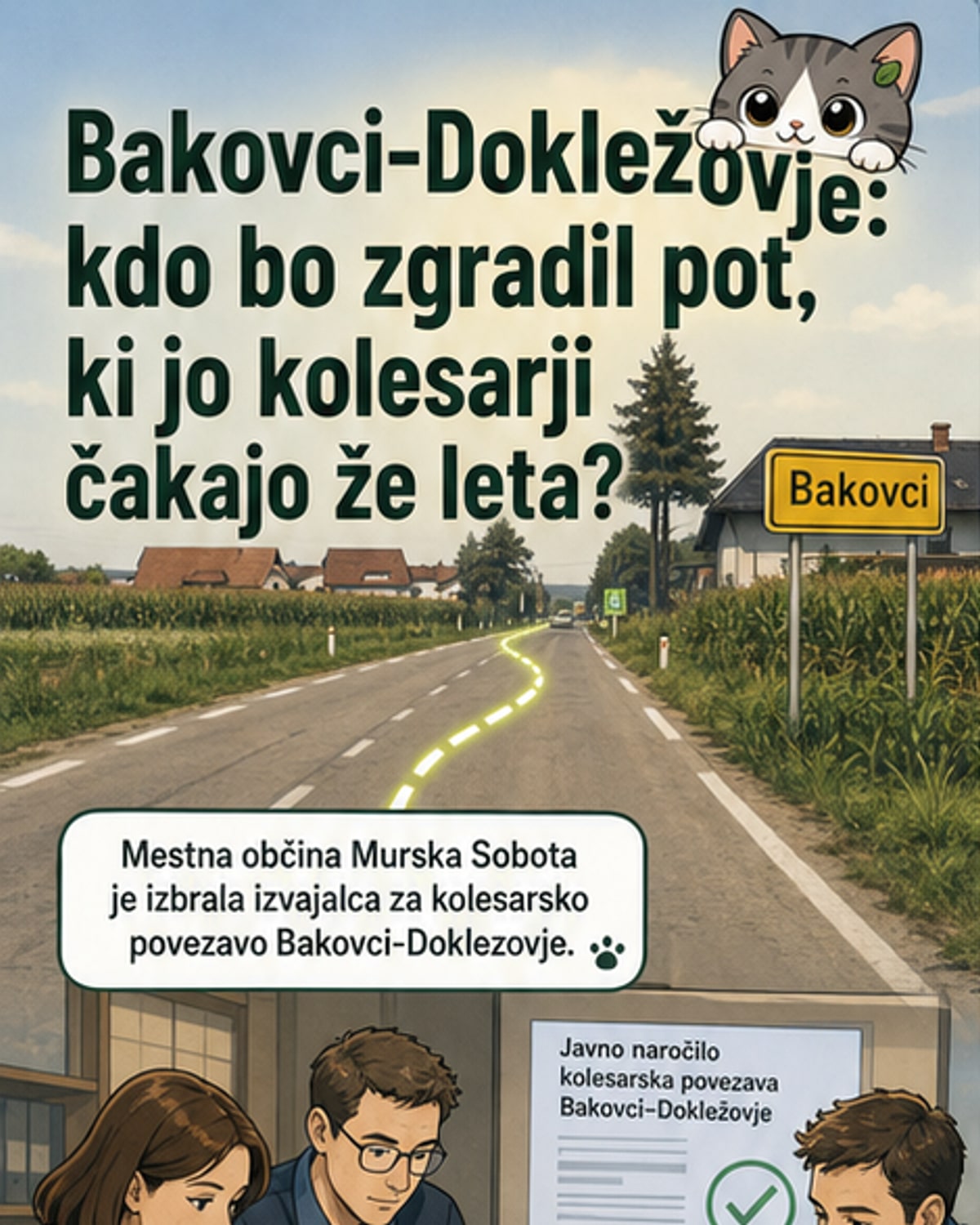 Ilustracija prihodnjega kolesarskega mostu čez kanal z zelenimi površinami in ločenimi stezami za kolesarje ter pešce.