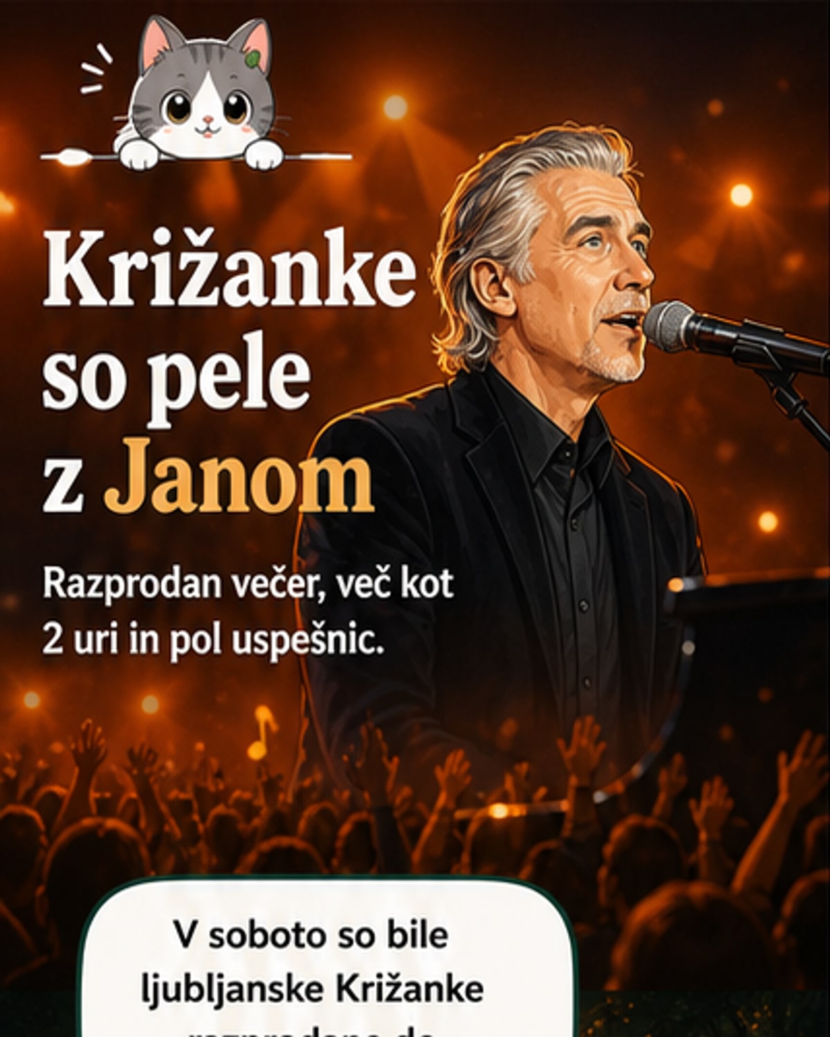 Jan Plestenjak na odru v Križankah, ob njem njegov dolgoletni bend in Rok Lunaček, občinstvo navdušeno povevajoči pesmi.