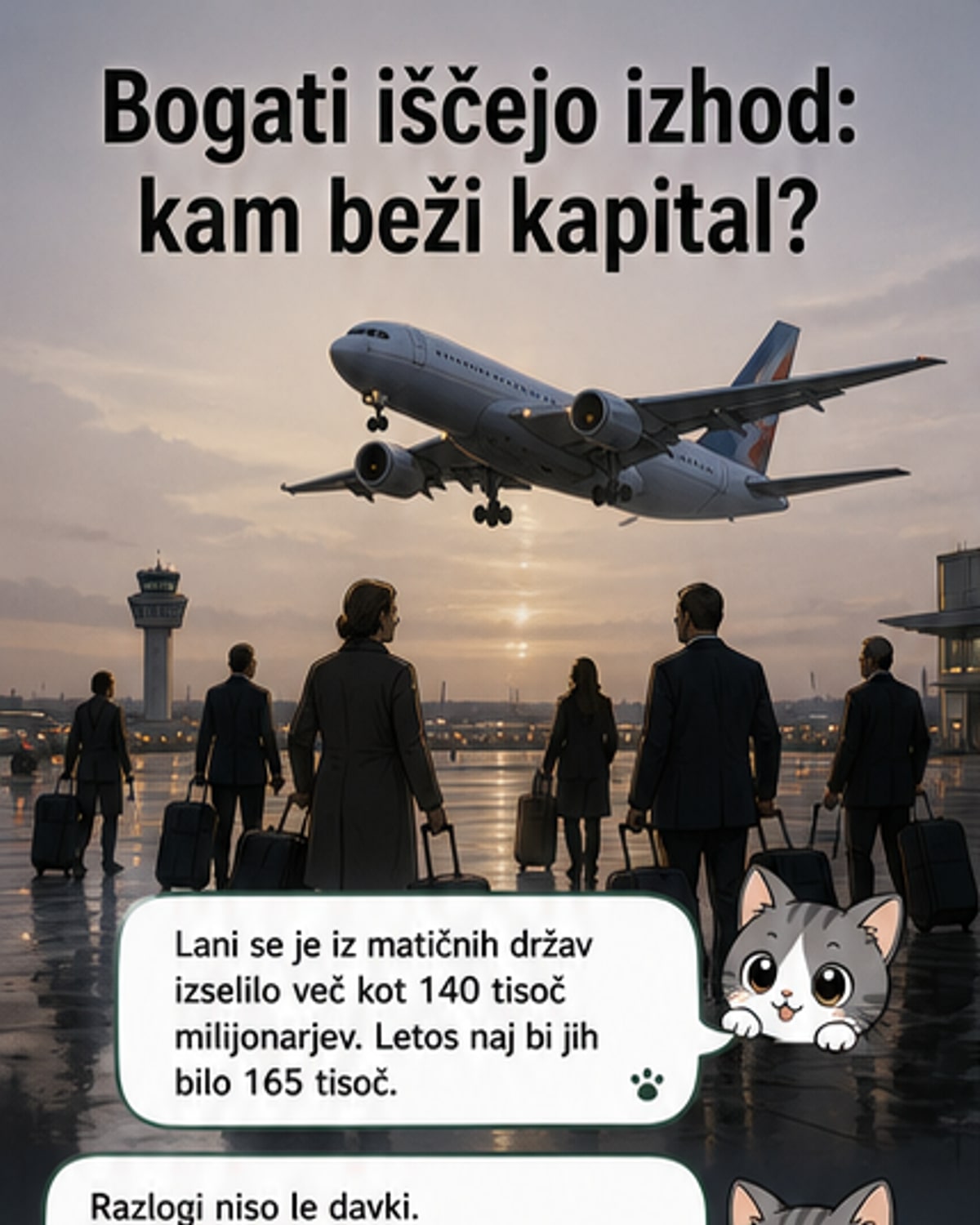 Ilustracija: milijonarji s kovanci v rokah odhajajo iz zgradb, ki predstavljajo različne države, med njimi Francijo, ZDA in Dubaj.