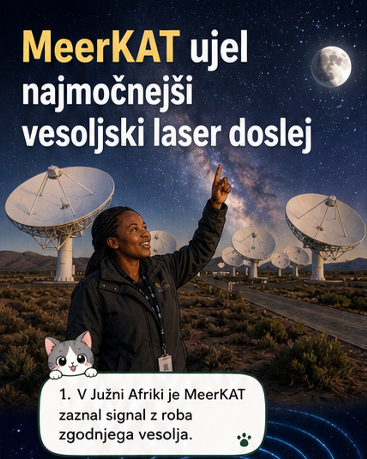 Ilustracija trka dveh galaksij, ki ustvarita močan radijski signal, z zemeljskim teleskopom MeerKAT v ospredju.