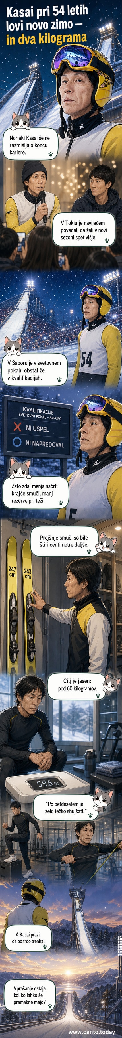 Noriaki Kasai, sredovisični japonski smučarski skakalec, v treningu na smučeh, obraz zbran, pozadnje zasnežena pokrajina.
