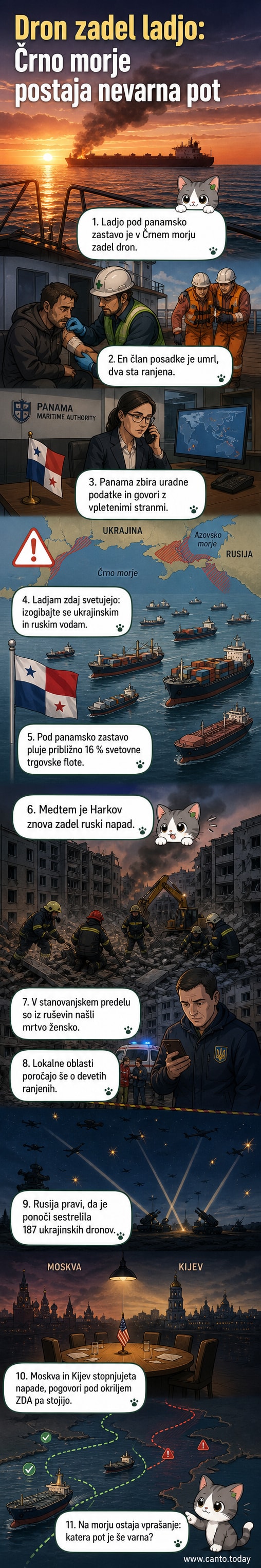 Ilustracija ladje, ki je bila zadeta z dronom v Črnem morju, s simboli eksplozije in alarmnih opozoril za plovbo.