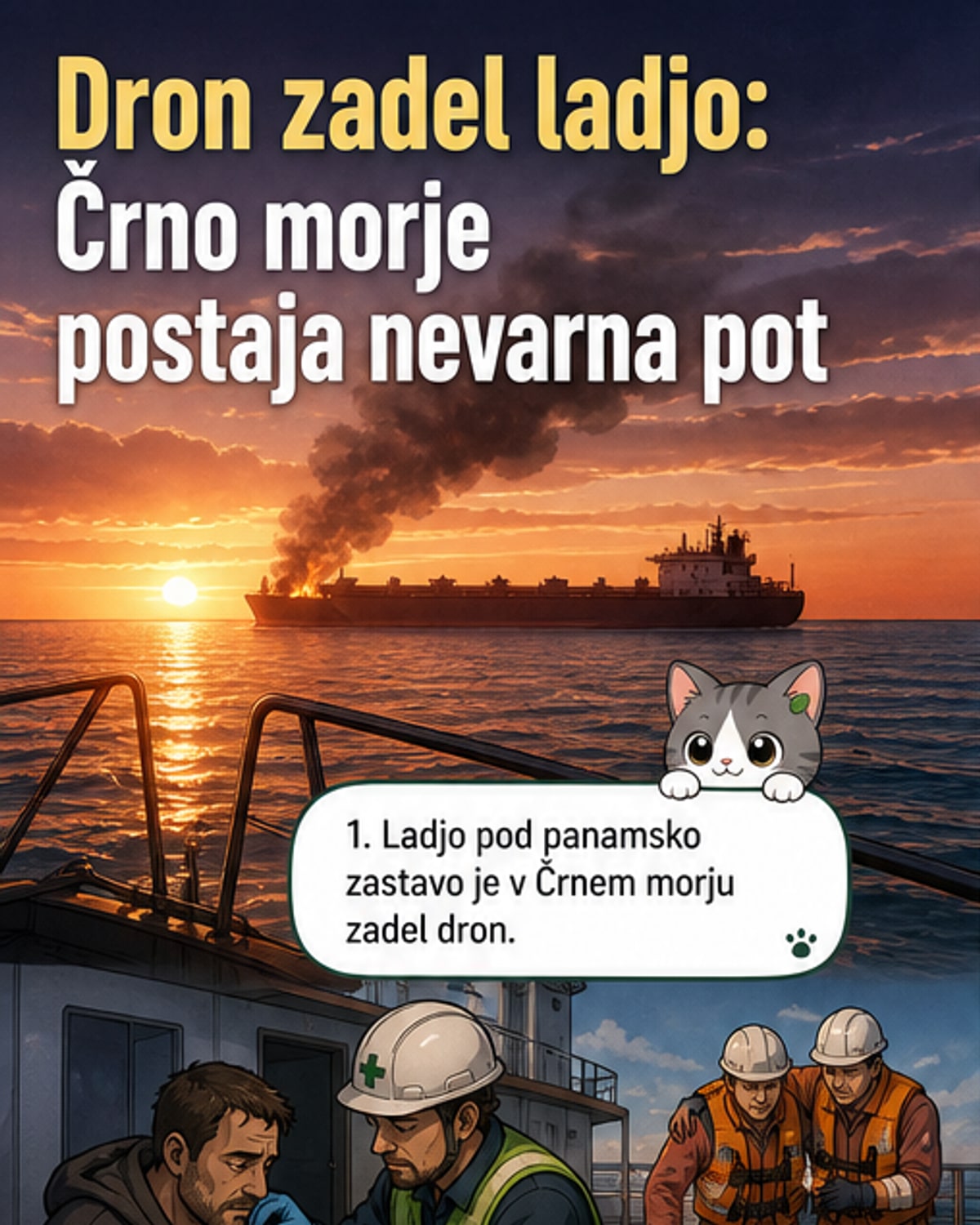 Ilustracija ladje, ki je bila zadeta z dronom v Črnem morju, s simboli eksplozije in alarmnih opozoril za plovbo.
