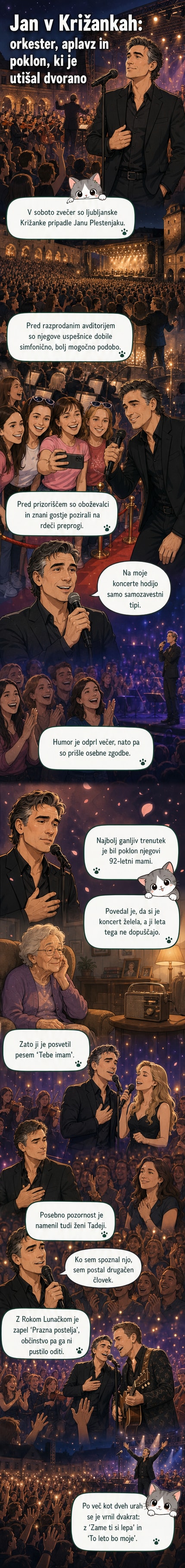 Jan Plestenjak na koncertu v Križankah, pred simfoničnim orkestrom, z roko dvignjeno proti občinstvu, v ozadju mehke luči in glasbeniki.