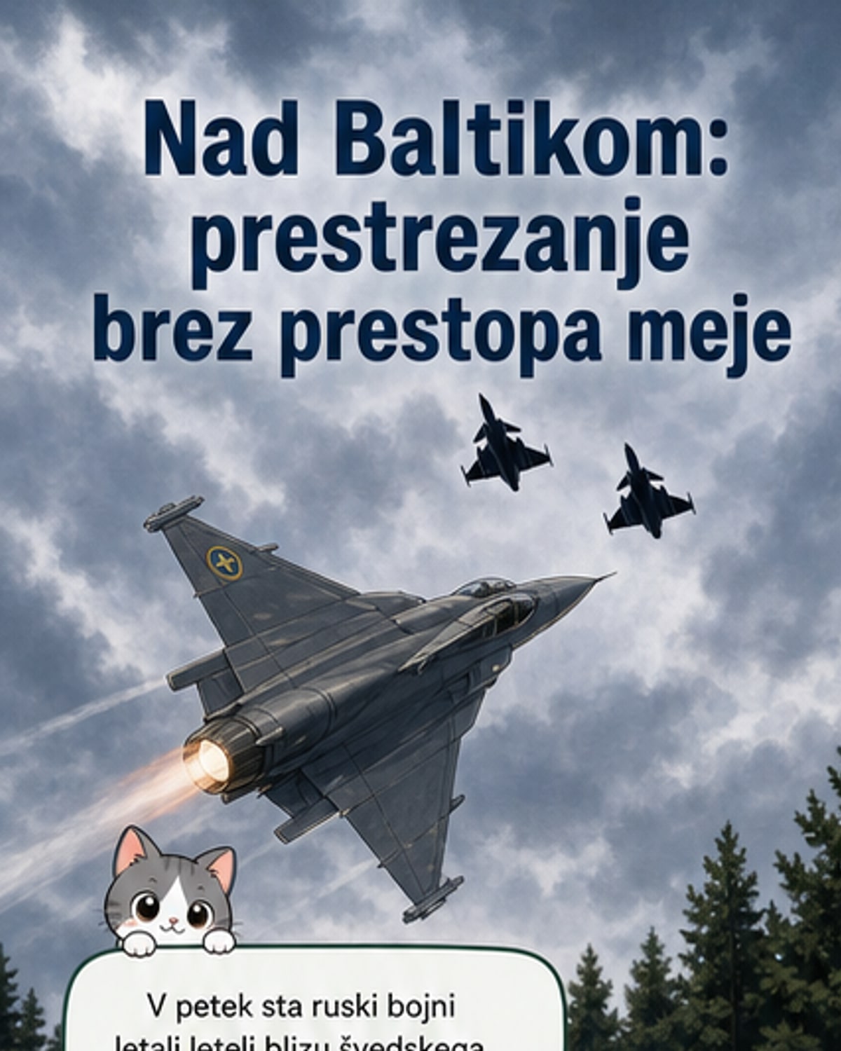 Švedski vojaški letalo JAS-39 Gripen leti blizu ruskega bojnega letala nad sivim Baltskim morjem pod oblačnim nebom.