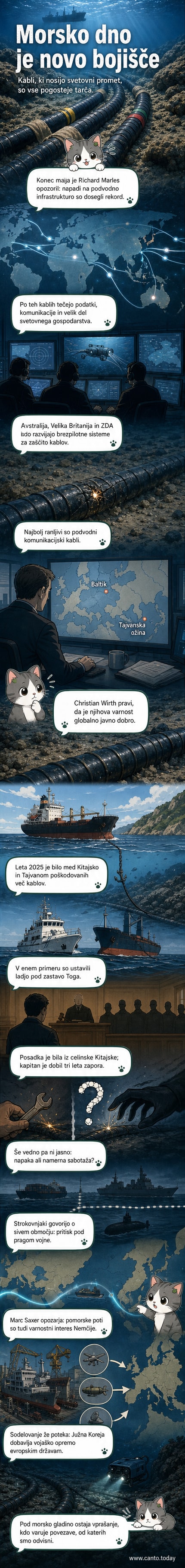 Ilustracija podvodnega kabla, ki ga prebija sidro ladje, v ozadju pa so vojaške ladje in satelitski signal.