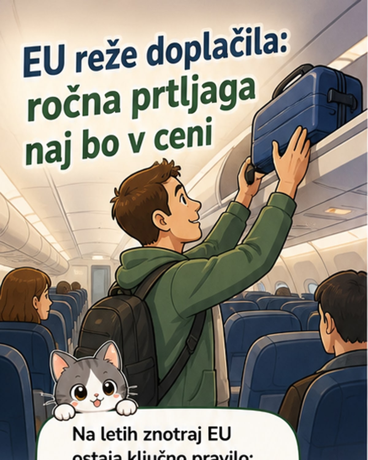 Ilustracija potnika, ki brezplačno vnaša manjši kovček na letalo, medtem ko se v ozadju kažejo znaki nizkocenovnih letalskih družb brez doplačil.