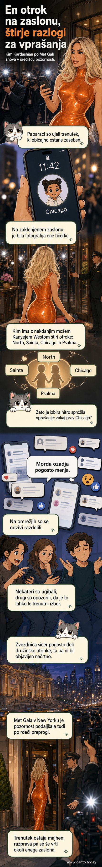 Ilustracija Kima Kardashian, ki v hotelu preverja telefon z ozadjem hčerke Chicago, paparaci pa posnemajo iz ozadja.
