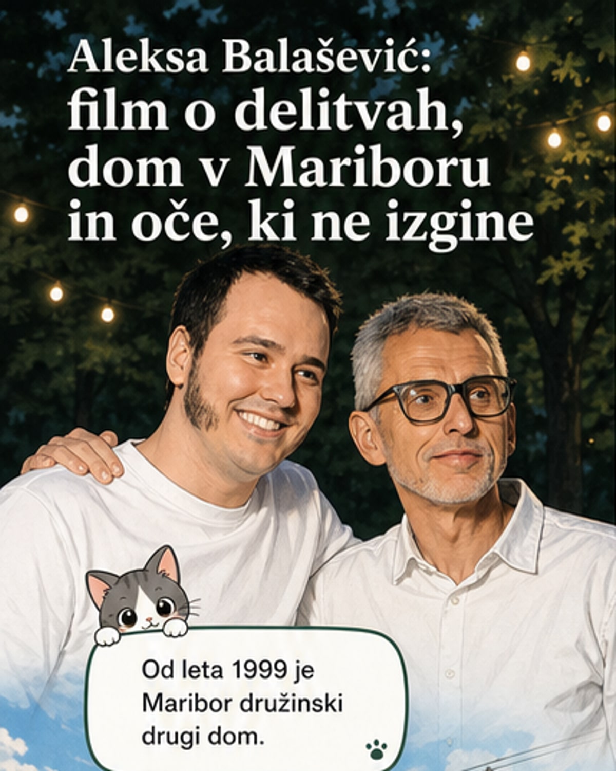Aleksa Balašević pred obrazom Maribora, v ozadju Pohorje, z zapisom 'Nevernik' na zaslonu.