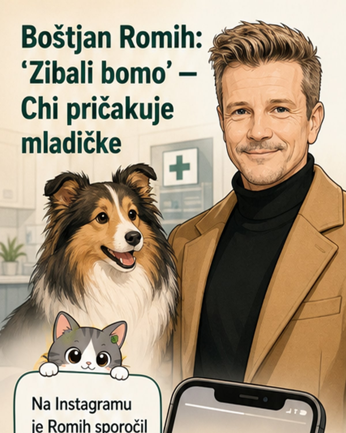 Boštjan Romih v družbi svoje psičke Chi na fotografiji iz veterinarske ambulante, kjer se pripravljajo na prihod kužkov.