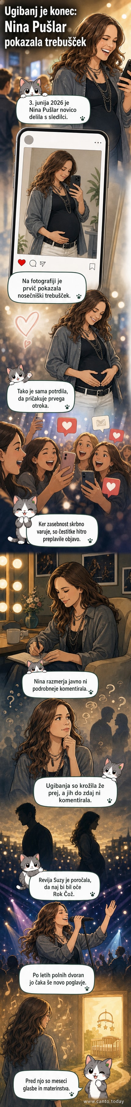 Nina Pušlar v beli obleki, z rokama na trebuščku, nasmehljana, na naravnem ozadju.