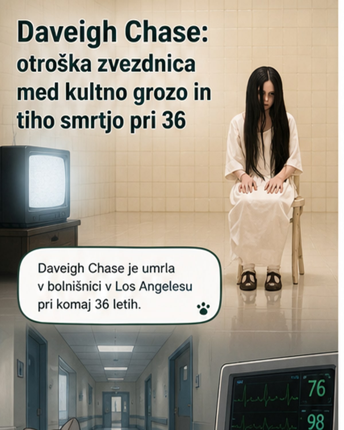 Črno-bela slika igralkinega mladega obraza s podaljšanimi lasmi, ki prikazuje ikonični pogled iz filma Krog.