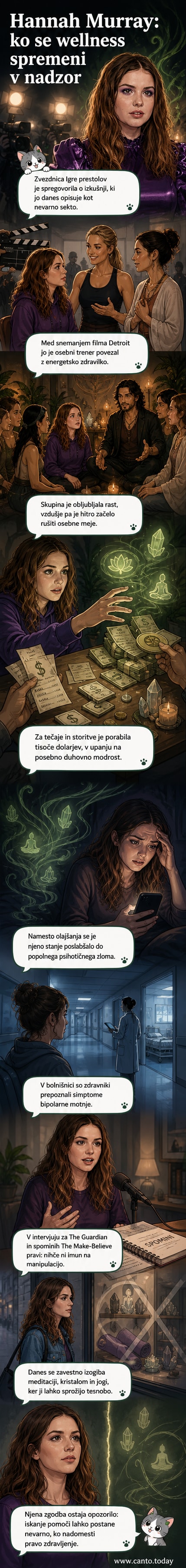 Hannah Murray v črno-beli sliki, z resnim pogledom, v ozadju simbolična energijska linija in zamegljen prostor, ki simbolizira duhovno zmedo.
