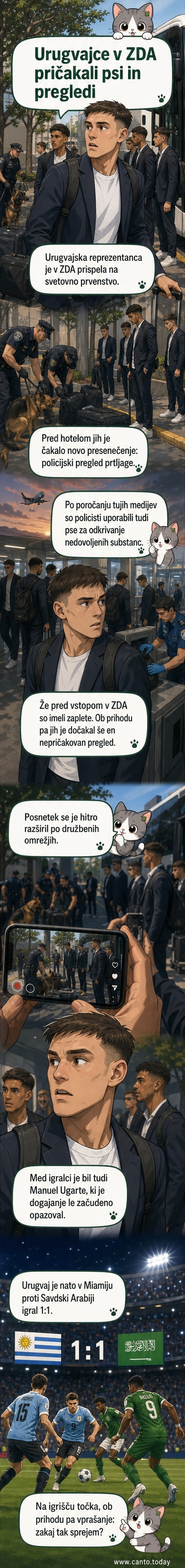 Urugvajski nogometaši pred hotelom, medtem ko jih ameriški policisti preiskujejo s pomočjo psov za odkrivanje drog.