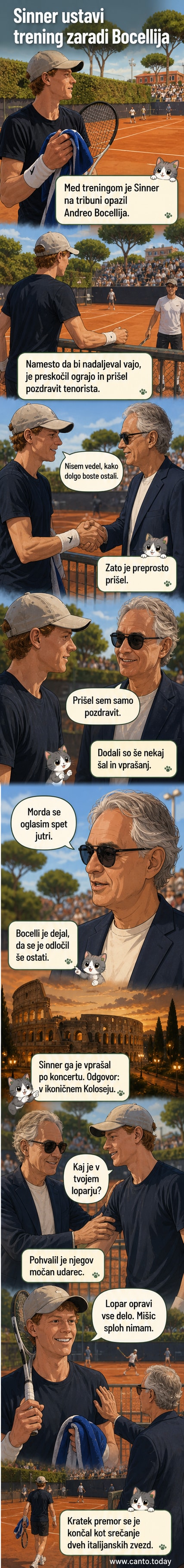 Teniški igralec Jannik Sinner in pevec Andrea Bocelli se pozdravljata ob ograji teniškega igrišča pred ozadjem Koloseja.