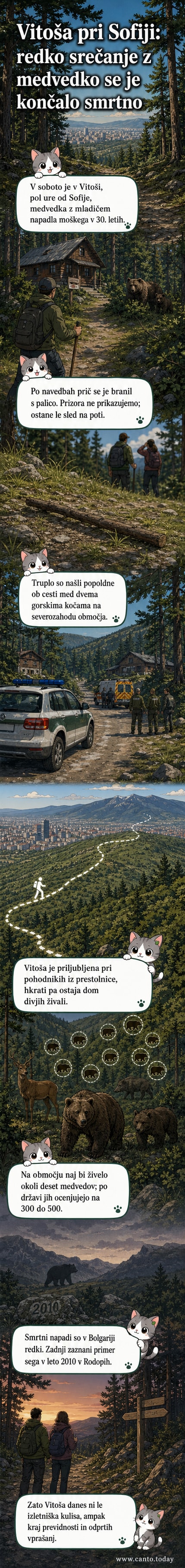 Gorovje Vitoša blizu Sofije, kjer je rjavi medved ubil moškega – zelena pokrajina s kočami in potmi, simbolična fotografija medveda v gozdu.