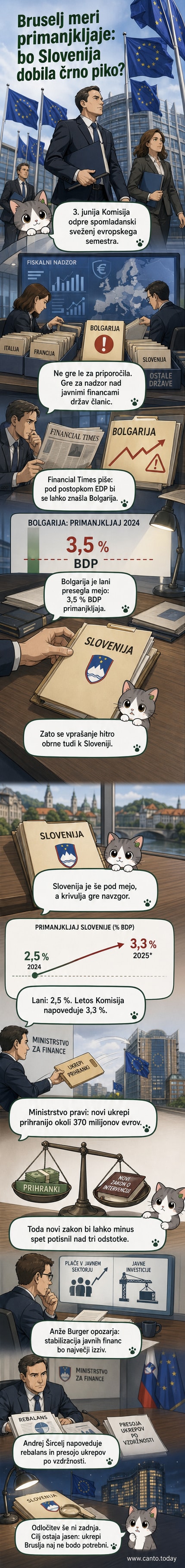 Ilustracija Evropske unije z zastavami držav članic, nad Slovenijo je rumen opozorilni simbol za fiskalno napetost.