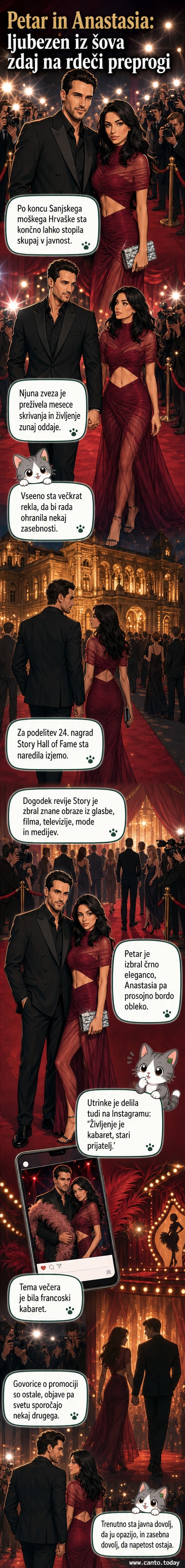 Petar Rašić in Anastasia Kaleb na rdeči preprogi prireditve Story Hall of Fame v Zagrebu, ona v prosojni bordi rdeči obleki, on v temni obleki.
