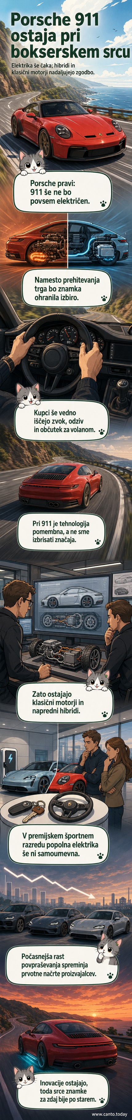 Ikonični Porsche 911 z ohranjenim bokserskim motorjem, ki simbolizira povezavo s tradicijo v času prehoda na električne pogone.
