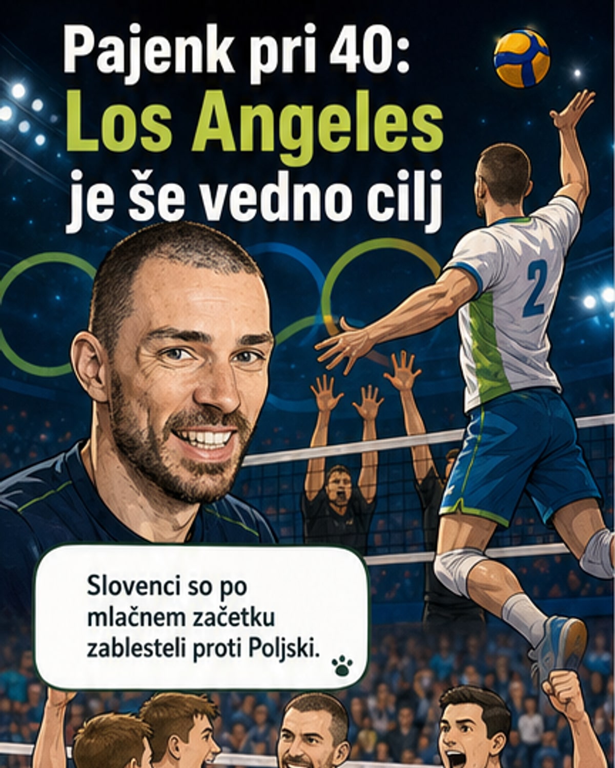 Alen Pajenk v rdeče-beli dresu slovenske odbojkarske reprezentance med tekmo, pozadi množica navijačev
