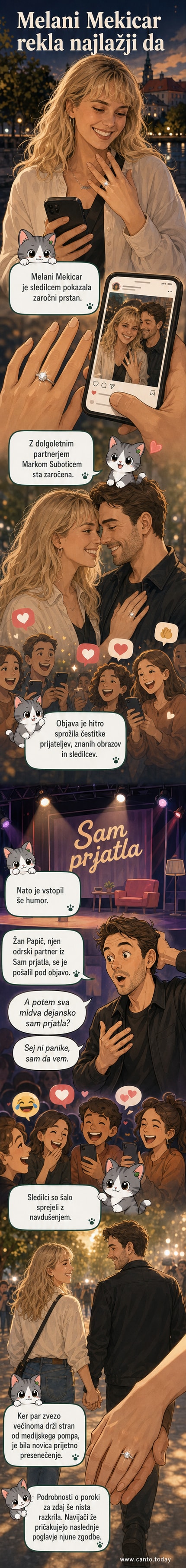 Melani Mekicar kaže zaročni prstan, v ozadju je komentar komika Žana Papiča o 'sam prjatla'.
